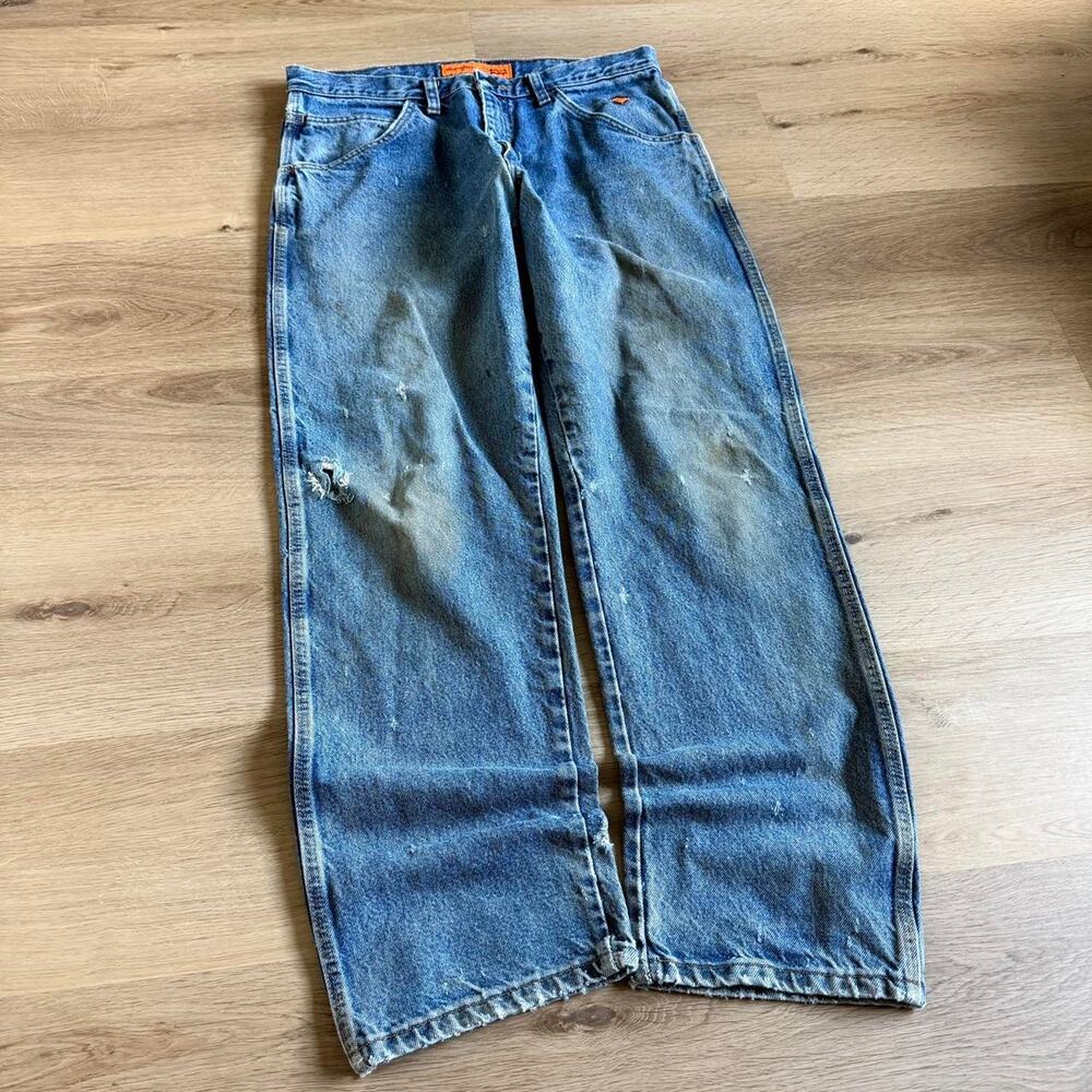Vintage Wrangler Baggy Blue Jeans 34x32 Straight Leg Distressed Workwear